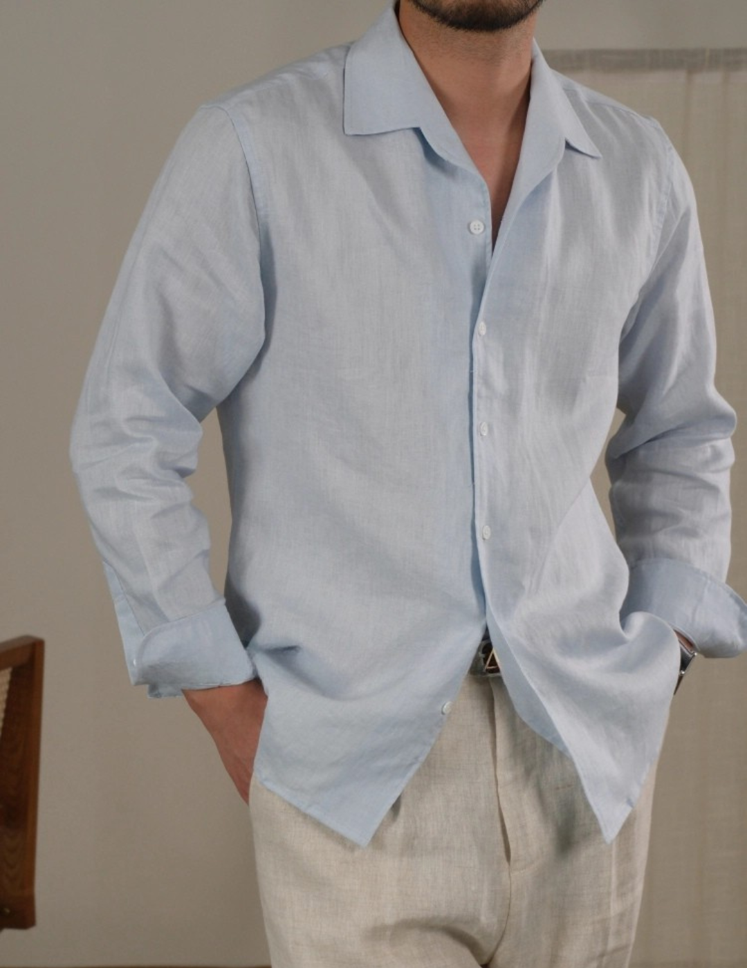 Camicia in Lino con Collo Cubano Manica Lunga