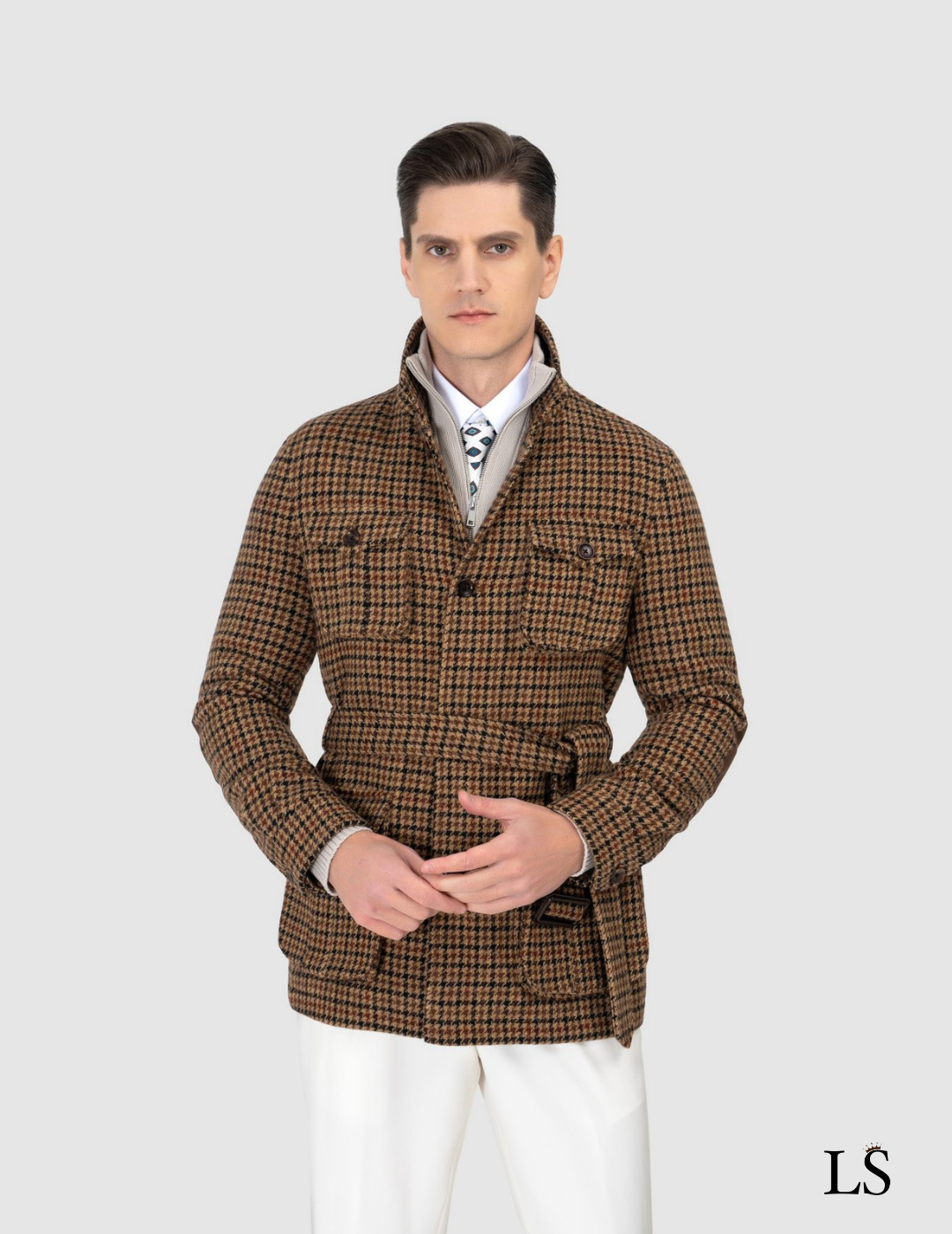 Chaqueta sahariana de tweed con cinturón
