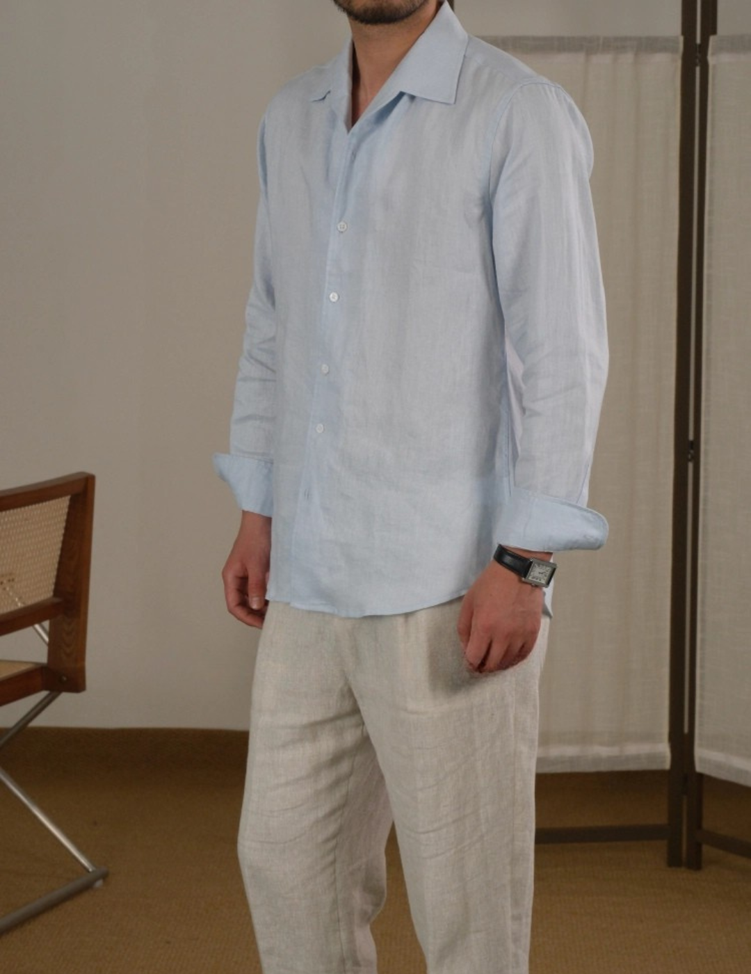 Camicia in Lino con Collo Cubano Manica Lunga