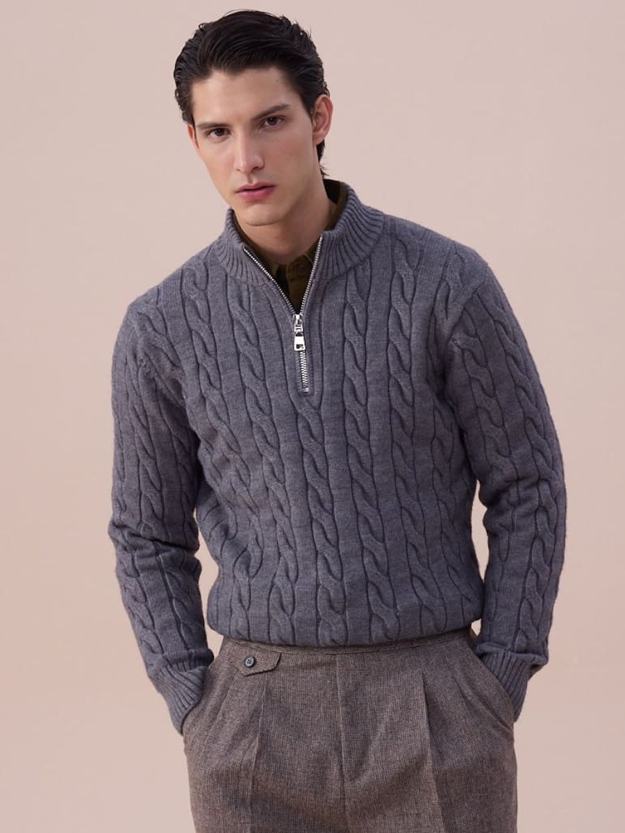 Maglione a Trecce con Mezzo Zip
