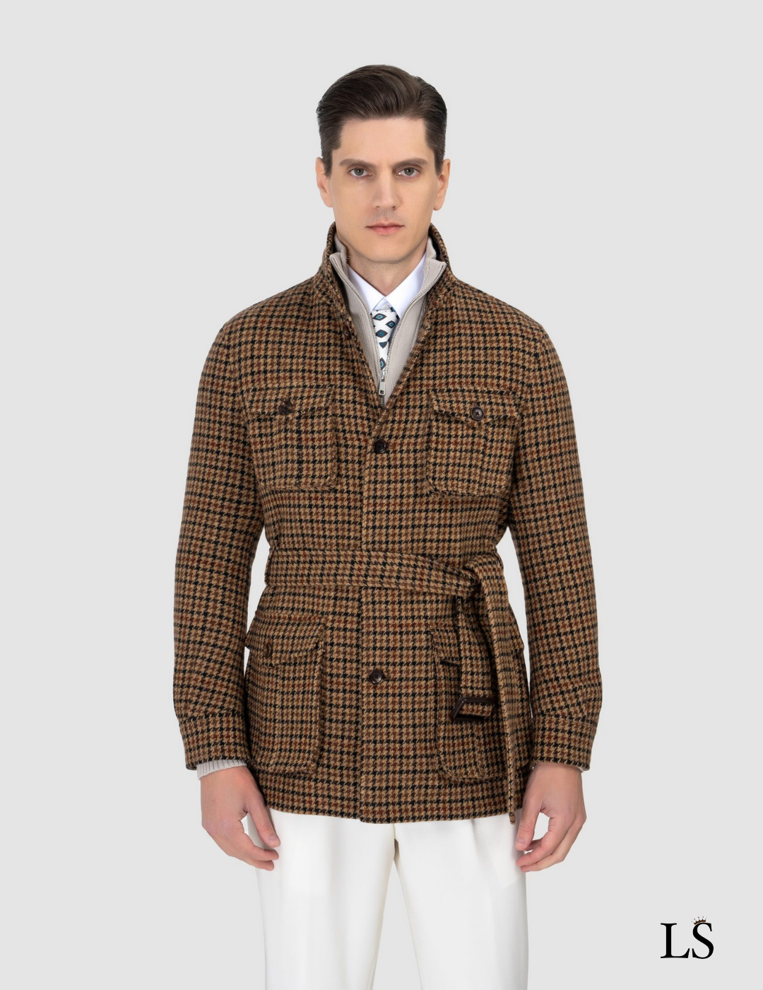Tweed Safari-Jacke mit Gürtel
