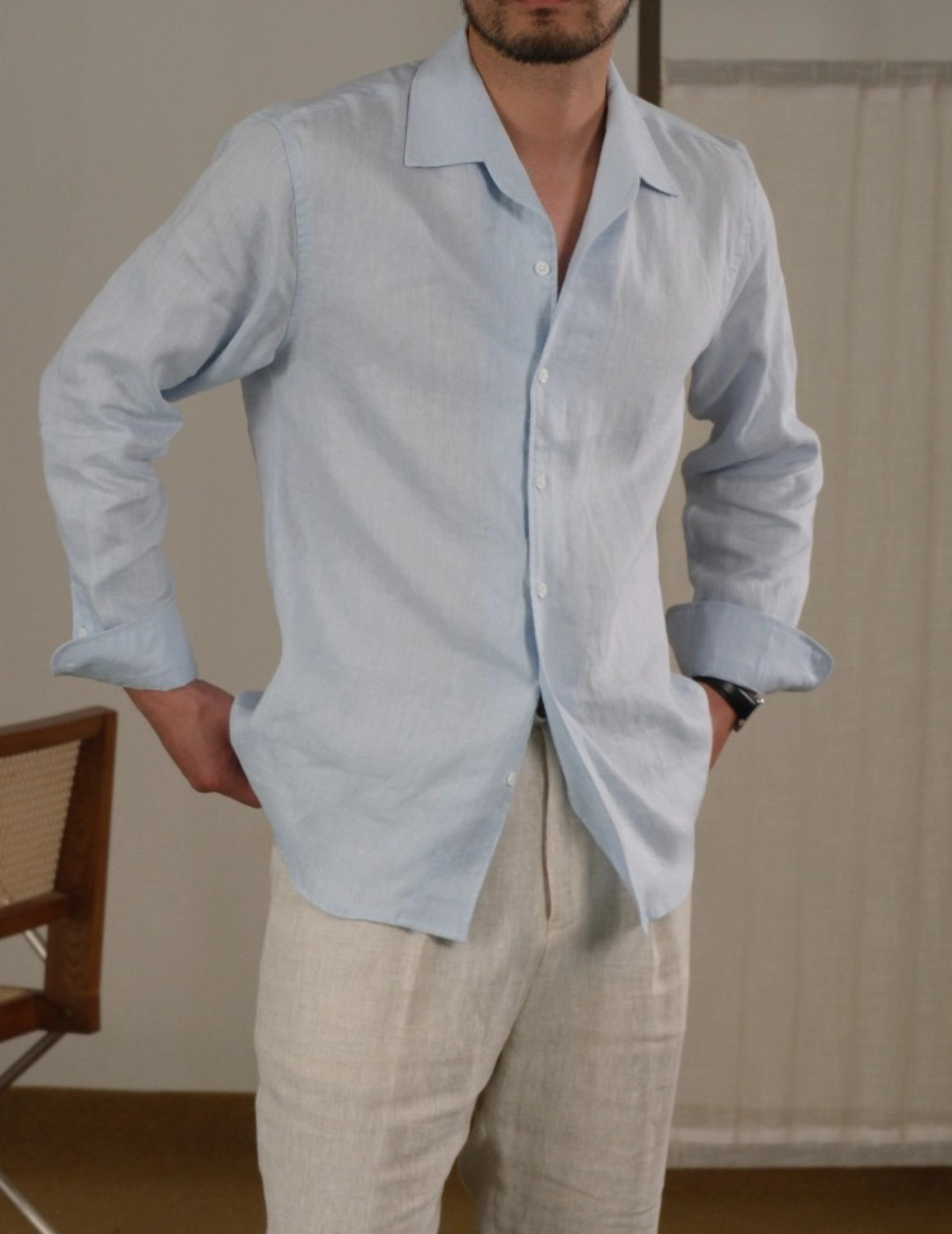 Camisa de lino de manga larga con cuello cubano