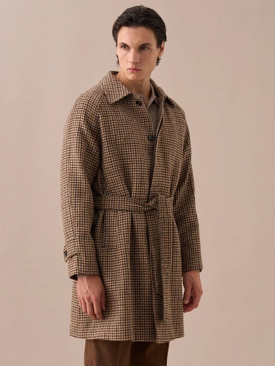 Cappotto con Cintura in Lana 100% Houndstooth da Uomo