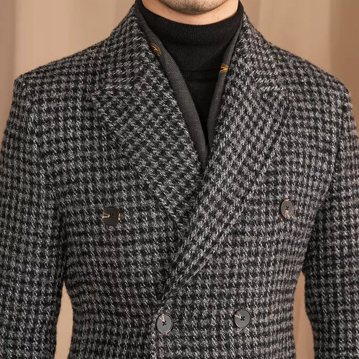 Cappotto Doppiopetto Grigio Scuro a Quadri Houndstooth